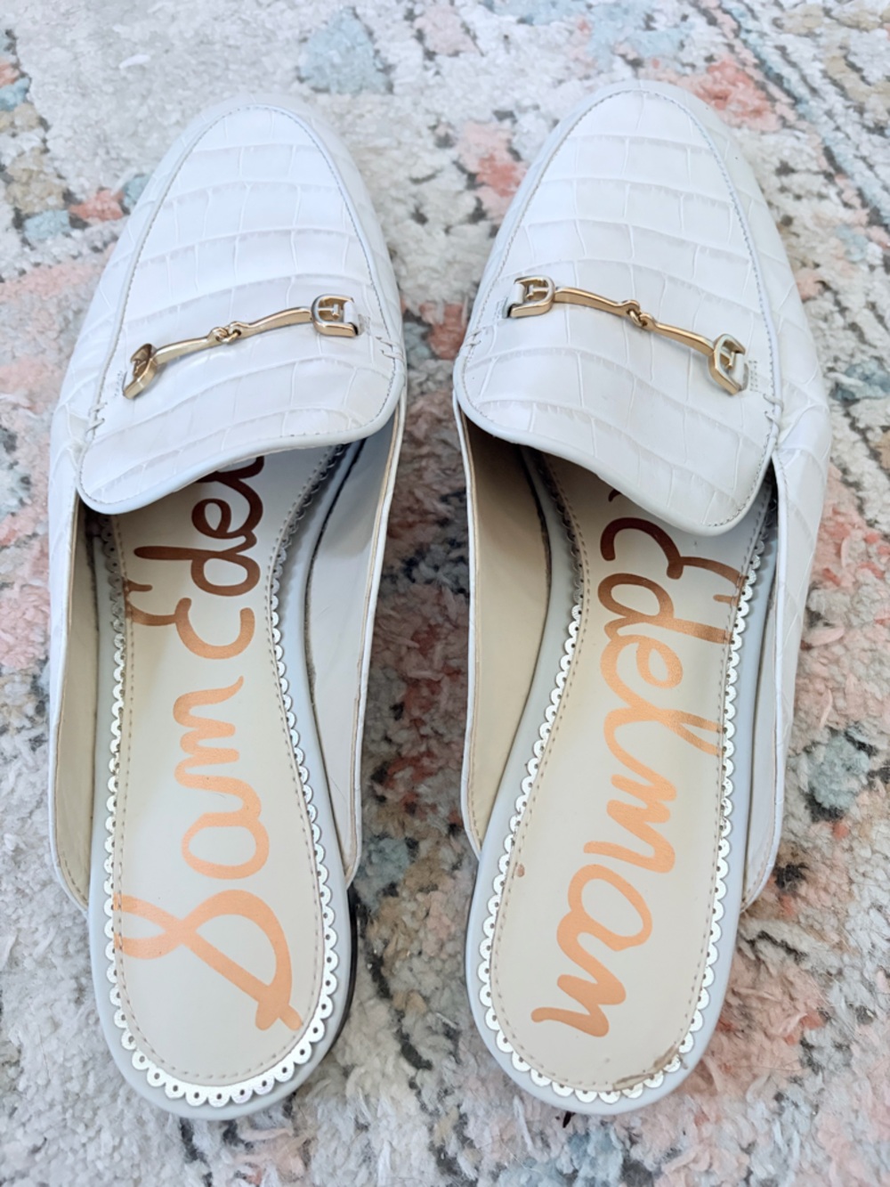 Sam Edelman Linnie Ivory Croc-Embossed Leather Horsebit Mules - Picture 3 of 4